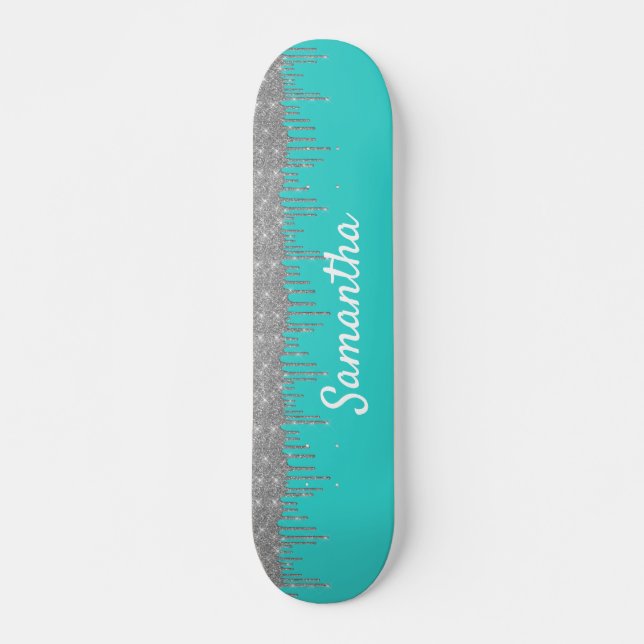 Robin's Egg Blue Silver Glitzer Tropfen Skateboard (Vorne)