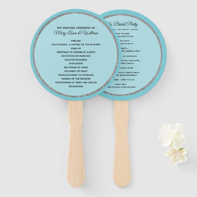 Robins Egg Blue und Silver Wedding Program Fan Fächer (Vorne und Hinten)
