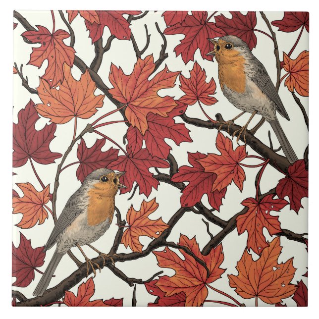 Robins in maple tree on off white fliese (Vorderseite)