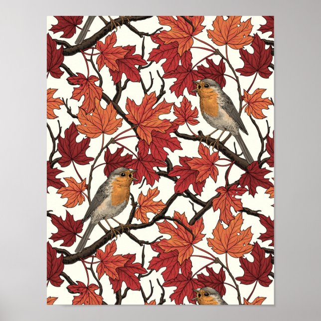 Robins in maple tree on off white poster (Vorne)