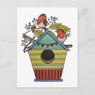 Robins mit Blueberries und Birdhouse Art Postkarte