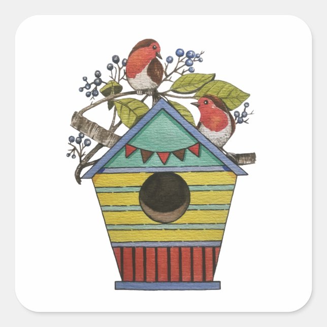 Robins mit Blueberries und Birdhouse Art Quadratischer Aufkleber (Vorderseite)