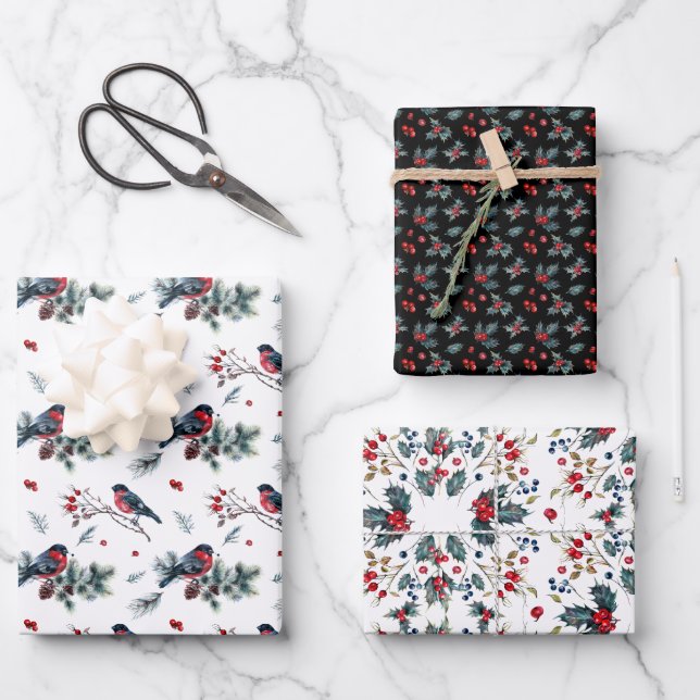 Robins und Christmas Holly koordiniert Geschenkpapier Set (Vorderseite)