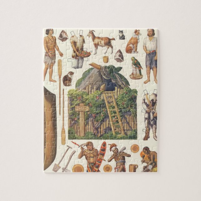 Robinson Crusoe, Vintages Viktorianisches Papierpu Puzzle (Vertikal)