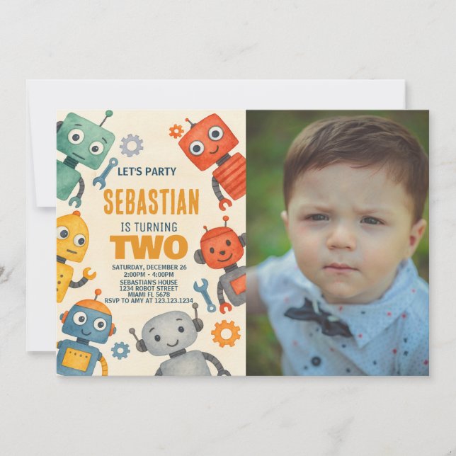 Robot 2. Geburtstag Einladung mit Foto (Vorderseite)