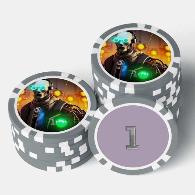 Robot 2 grau 1 gestreifter Poker-Chip Pokerchips (Stapel)