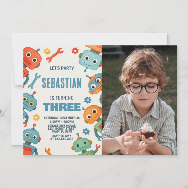 Robot 3. Geburtstag Einladung mit Foto (Vorderseite)