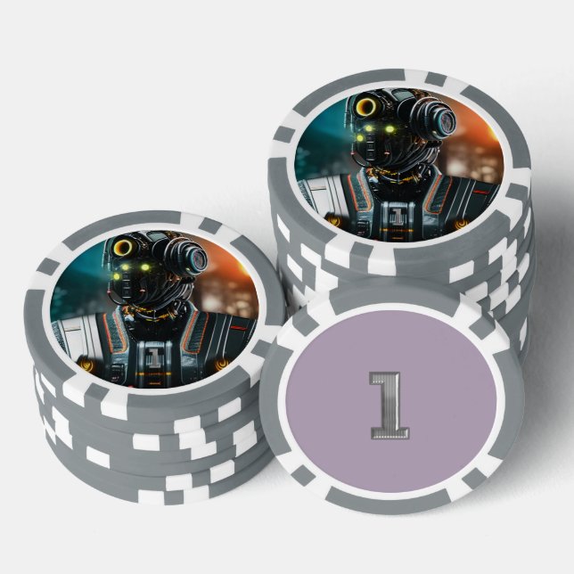 Robot 3 grau 1 gestreifter Poker-Chip Pokerchips (Stapel)
