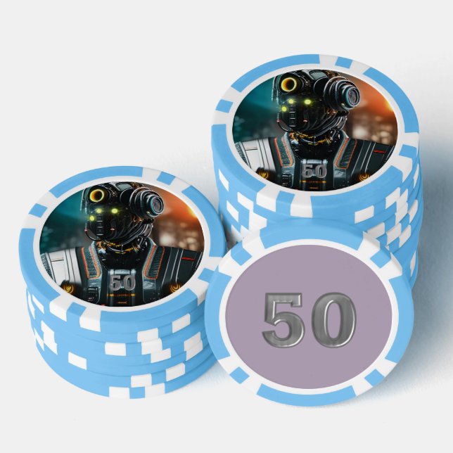 Robot 3 hellblau 50 gestreifter Poker-Chip Pokerchips (Stapel)