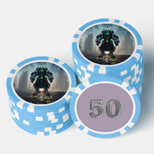 Robot 4 hellblau 50 gestreifter Poker-Chip Pokerchips