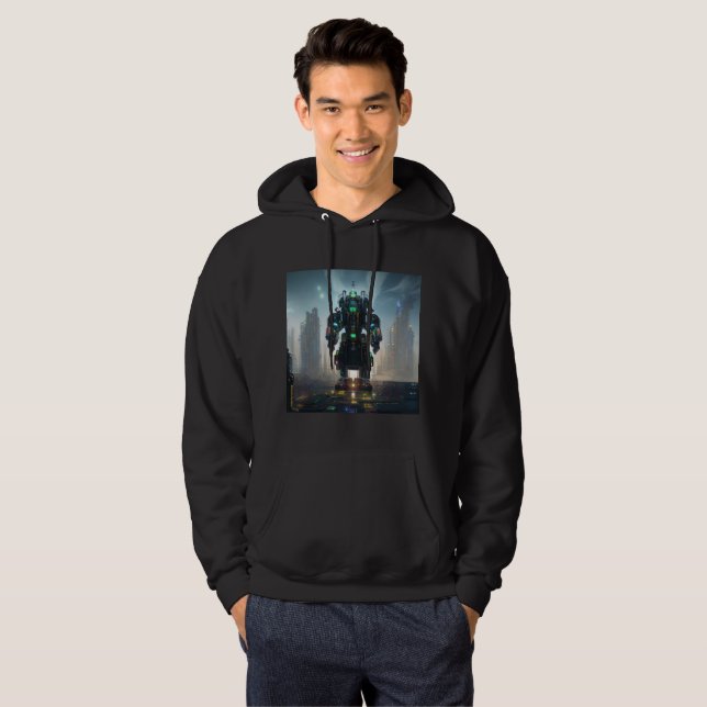 Robot 4 Herren schwarzer Kapuzenpullover Hoodie (Vorne ganz)