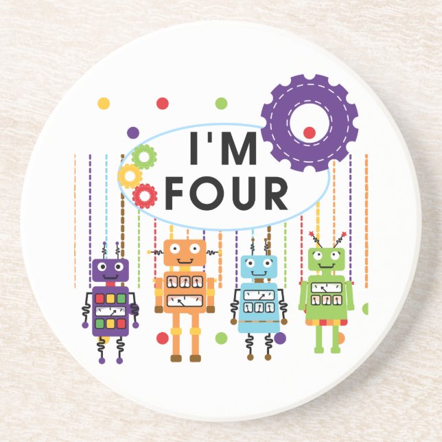 Robot 4th Birthday Tshirts und Geschenke Sandstein Untersetzer (Vorne)