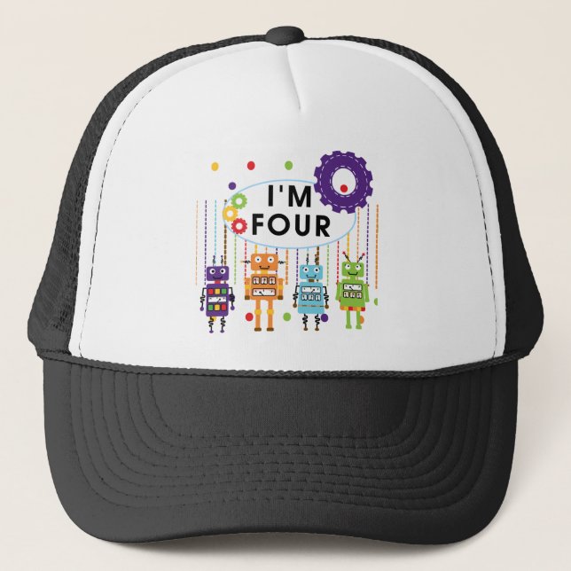 Robot 4th Birthday Tshirts und Geschenke Truckerkappe (Vorderseite)
