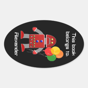Robot and Balloons Book Label Plate Ovaler Aufkleber