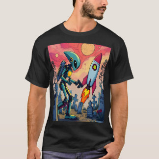 Robot and Rocket in Futuristic Cemetery T-Shirt