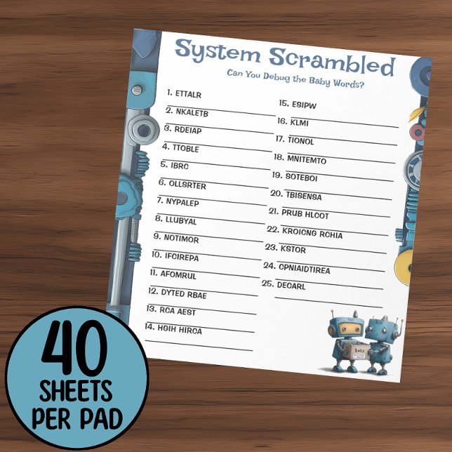 Robot Baby Shower Word Scramble Activity Pad Notizblock (Von Creator hochgeladen)