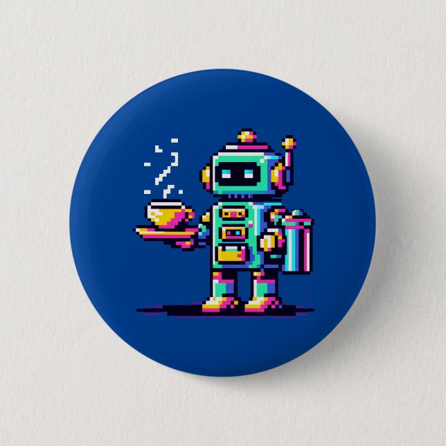 Robot Barista - Pixel Art Coffee Lover Design Button (Vorderseite)
