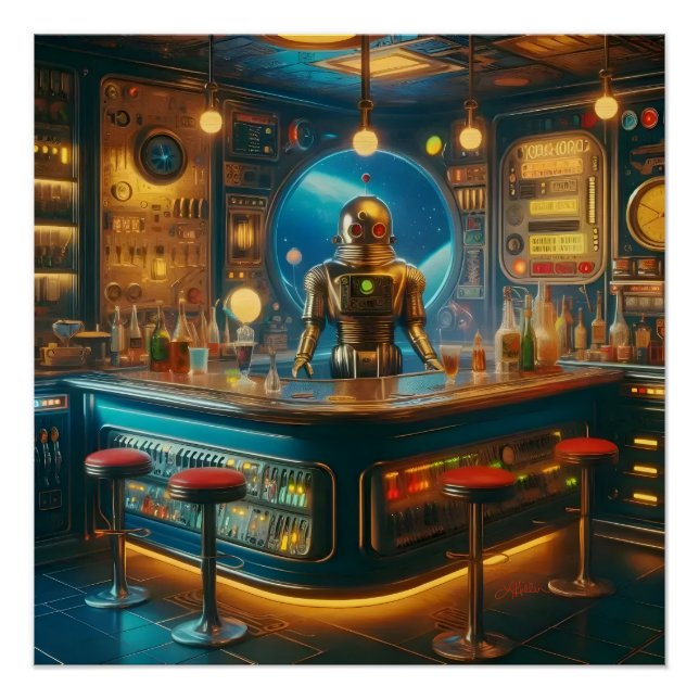 Robot Bartender in Interstellar Space Age Dive Bar Poster (Vorderseite)