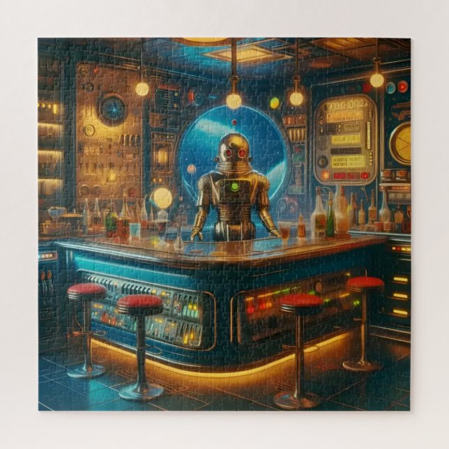 Robot Bartender in Interstellar Space Age Dive Bar Puzzle (Vertikal)