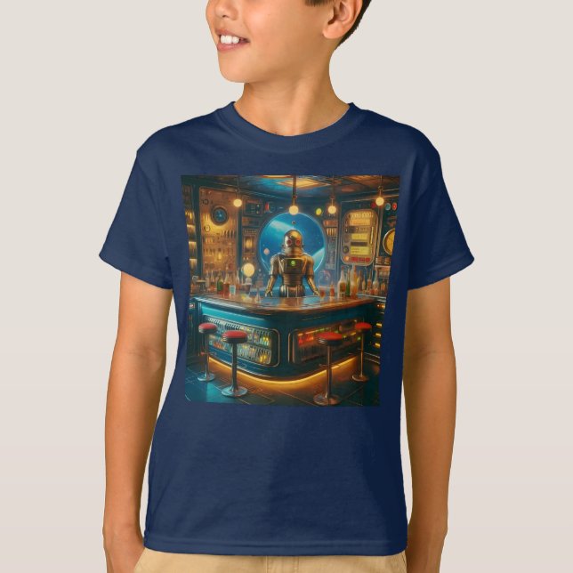 Robot Bartender in Interstellar Space Age Dive Bar T-Shirt (Vorderseite)