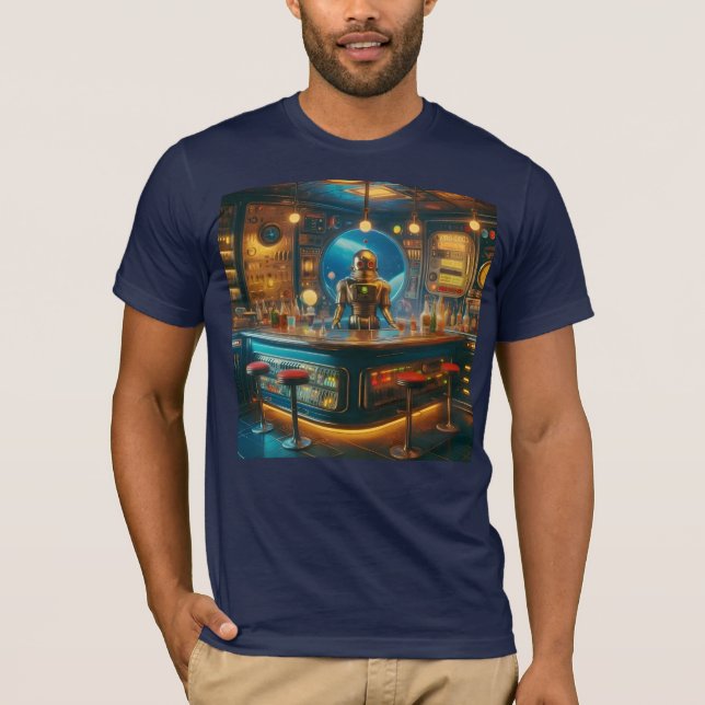 Robot Bartender in Interstellar Space Age Dive Bar T-Shirt (Vorderseite)