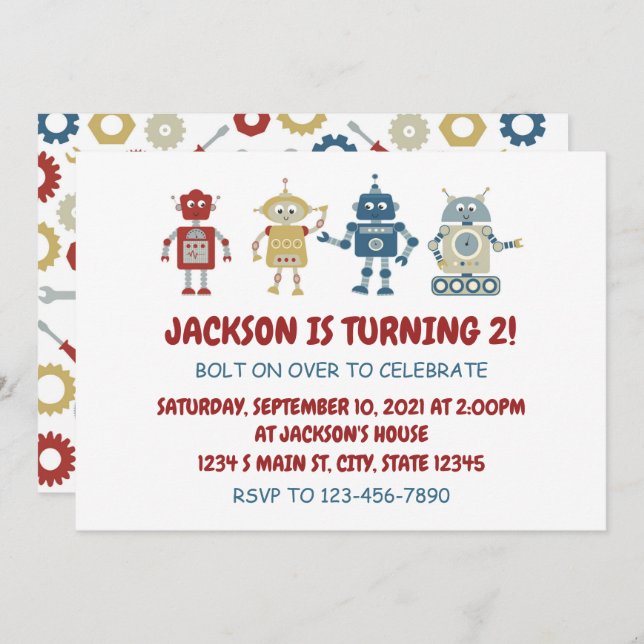Robot Birthday Einladung (Vorne/Hinten)