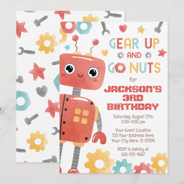 Robot Birthday Einladung, Boy Robot Einladung (Vorne/Hinten)