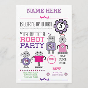 ROBOT Birthday Party Pink Gears Cogs Roboter laden Einladung