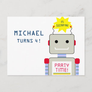 Robot Birthday Party, Postcard Einladungen