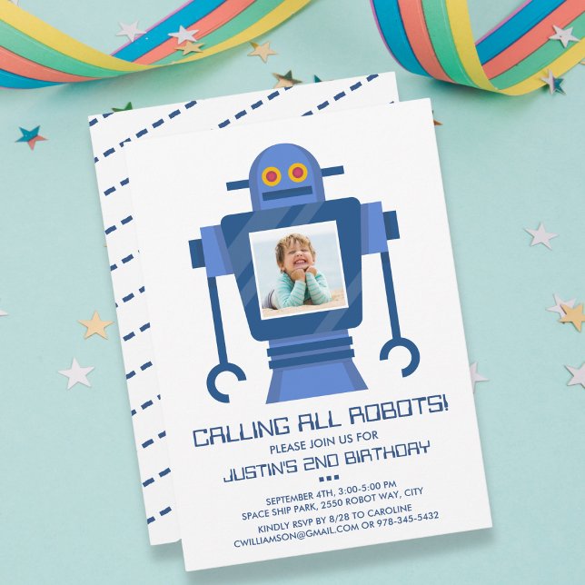 Robot Birthday Party Theme Boy Photo Invitation Einladung (Von Creator hochgeladen)