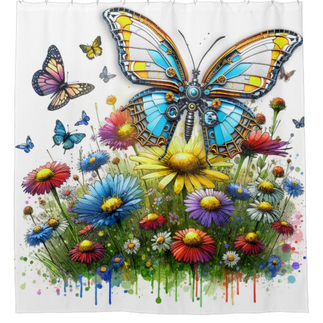 Robot Butterfly und Wildblumen Duschvorhang (Vorderseite)