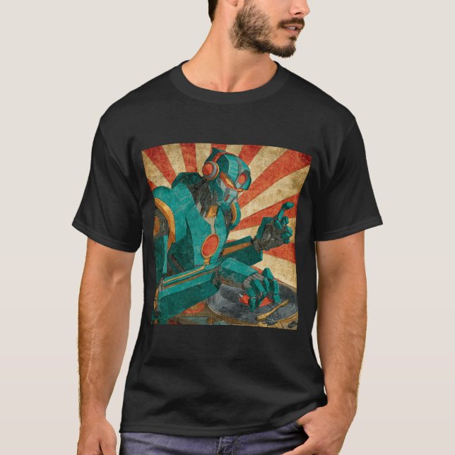 Robot DJ on Vinyl – Retro Sunburst Poster T-Shirt (Vorderseite)