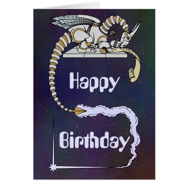 Robot Dragon Writing in Scroll Birthday Card (Vorne)