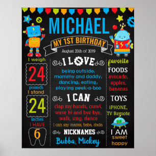 Robot First Birthday Chalkboard-Zeichen Poster