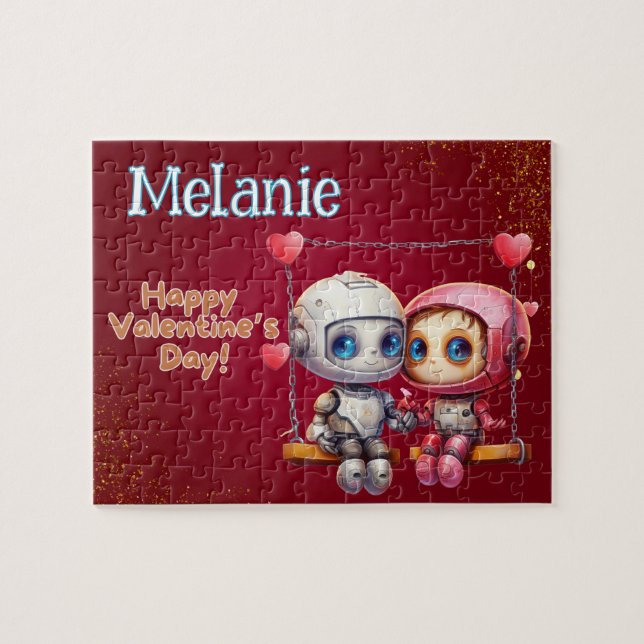 Robot individuelles Kindername Valentinstag Puzzle (Horizontal)