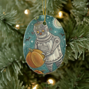 ROBOT PICKING PUMPKINS , HALLOWEEN MECHANISCHEN MA KERAMIK ORNAMENT