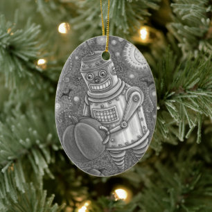 ROBOT PICKING PUMPKINS , HALLOWEEN MECHANISCHEN MA KERAMIK ORNAMENT