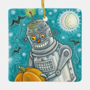 ROBOT PICKING PUMPKINS , HALLOWEEN MECHANISCHEN MA KERAMIKORNAMENT