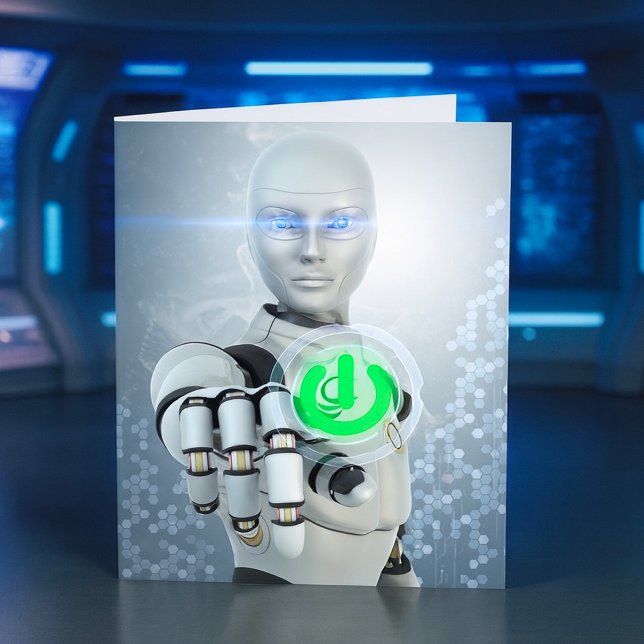 Robot Pushing Power Button Sci-Fi-Mitteilungskarte Karte (Von Creator hochgeladen)