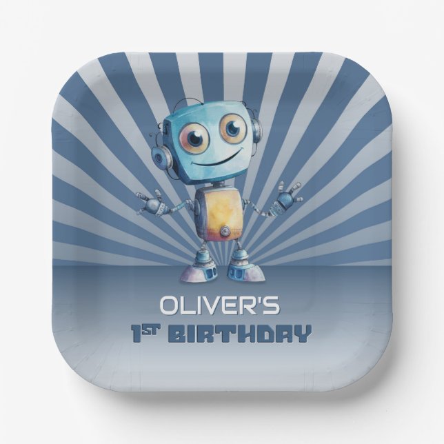 Robot Theme 1. Geburtstag Party Pappteller (Vorderseite)