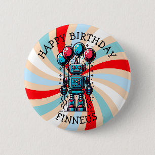 Robot Themed Boy's Happy Birthday Button