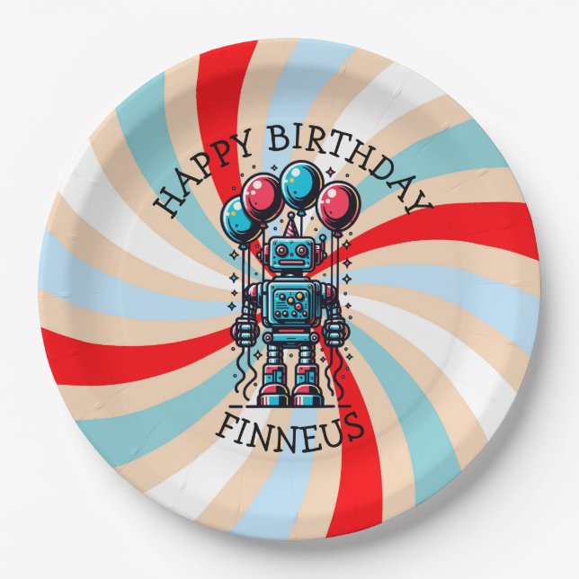 Robot Themed Boy's Happy Birthday Pappteller (Vorderseite)
