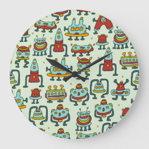 Roboter Aliens Vintage-Muster-Illustration Große Wanduhr