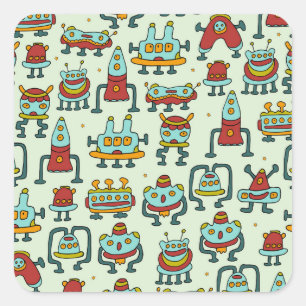 Roboter Aliens Vintage-Muster-Illustration Quadratischer Aufkleber