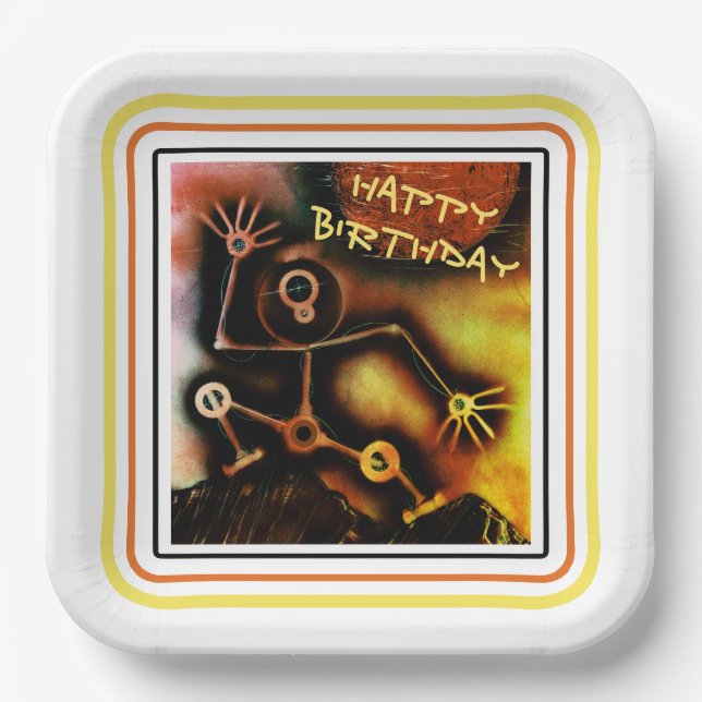 Roboter Alles Gute zum Geburtstag Pappteller (Vorderseite)