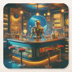 Roboter Barkeeper in interstellarer Space-Age-Knei Rechteckiger Pappuntersetzer