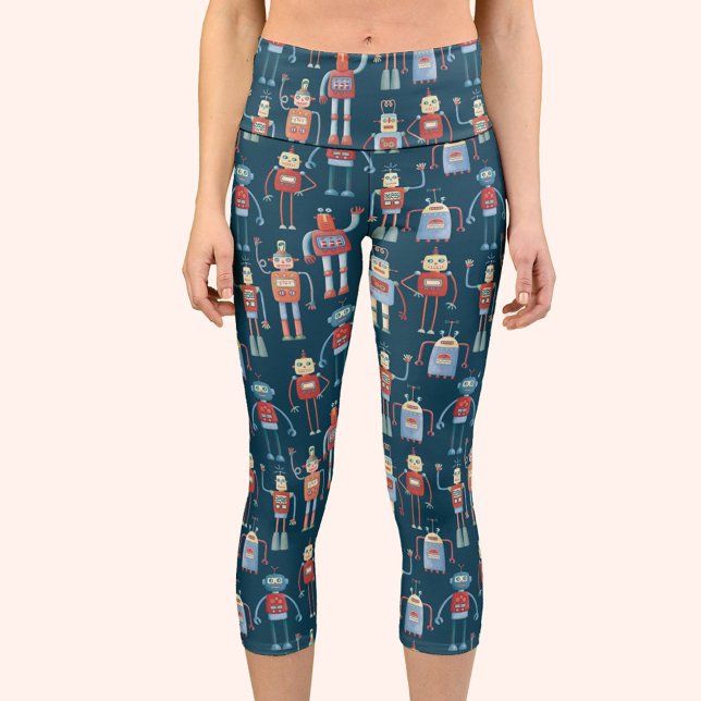 Roboter Capri Leggings (Fun Retro Robots pattern teal green yoga pants capri leggings)