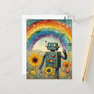 Roboter in einer Blume Wiese mit einem Regenbogen  Postkarte