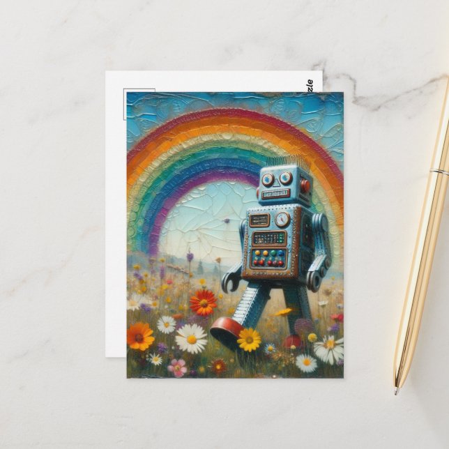 Roboter in einer Blume Wiese mit Regenbogen Postkarte (Vorderseite/Rückseite Beispiel)