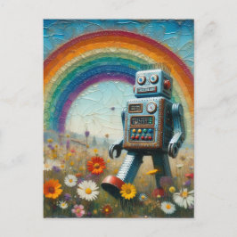 Roboter in einer Blume Wiese mit Regenbogen Postkarte